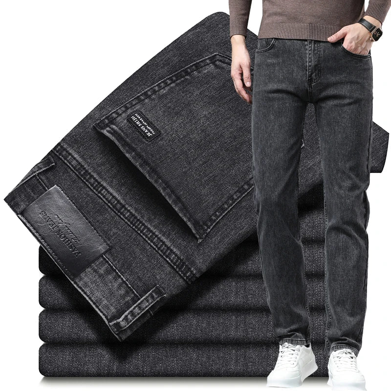 Men's Slim Jeans Korean Fashion Autumn Stretch Straight Casual Denim Trousers Classic Comfortable Work Male Pants Black Gray