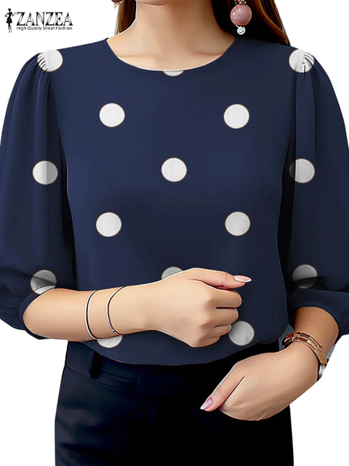 2025 Summer Polka Dots Printed Blouse ZANZEA Elegant Women Shirt Casual O-Neck 3/4 Sleeve Holiday Tops Fashion OL Work Blusas