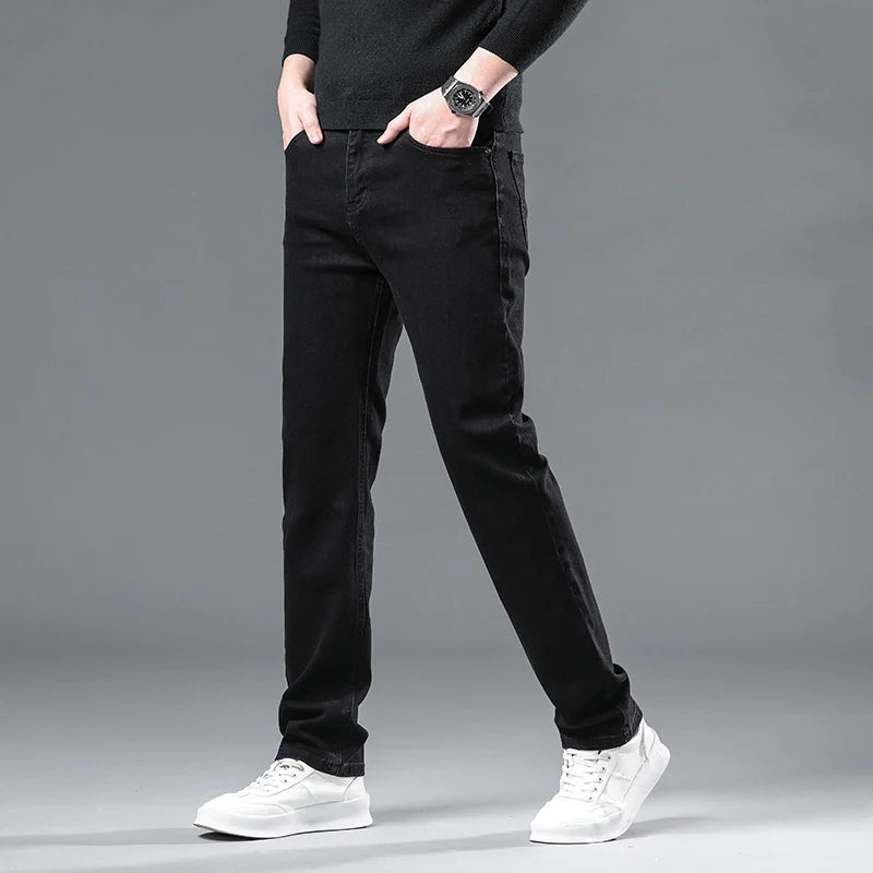 Men's Slim Jeans Korean Fashion Autumn Stretch Straight Casual Denim Trousers Classic Comfortable Work Male Pants Black Gray