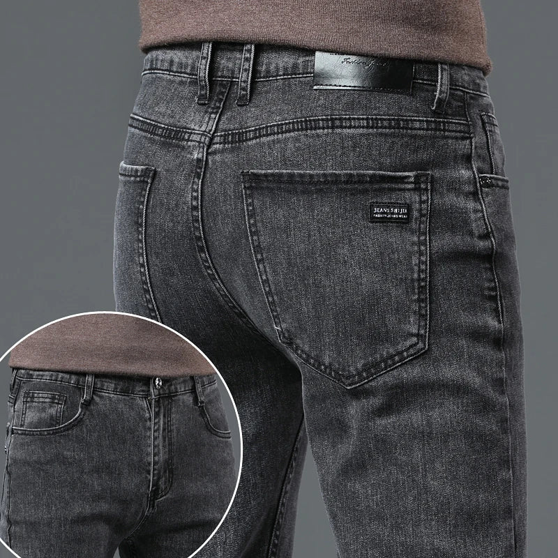 Men's Slim Jeans Korean Fashion Autumn Stretch Straight Casual Denim Trousers Classic Comfortable Work Male Pants Black Gray