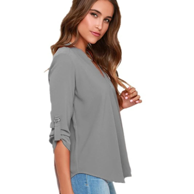 Women Tops Blouses Long Sleeve  V-Neck Chiffon Blouse office work Shirt