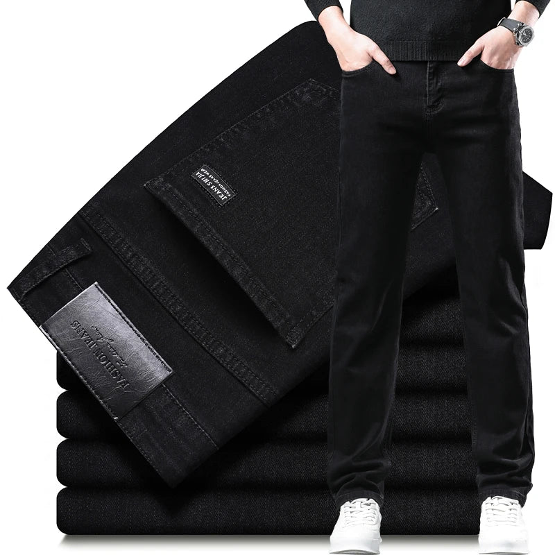 Men's Slim Jeans Korean Fashion Autumn Stretch Straight Casual Denim Trousers Classic Comfortable Work Male Pants Black Gray