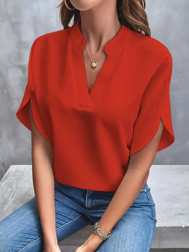 VEITCHE Summer Women Casual Solid Blouse Women Fashion V-neck Half Sleeve Shirts Office Elegant Pullover Loose Blusas Tops