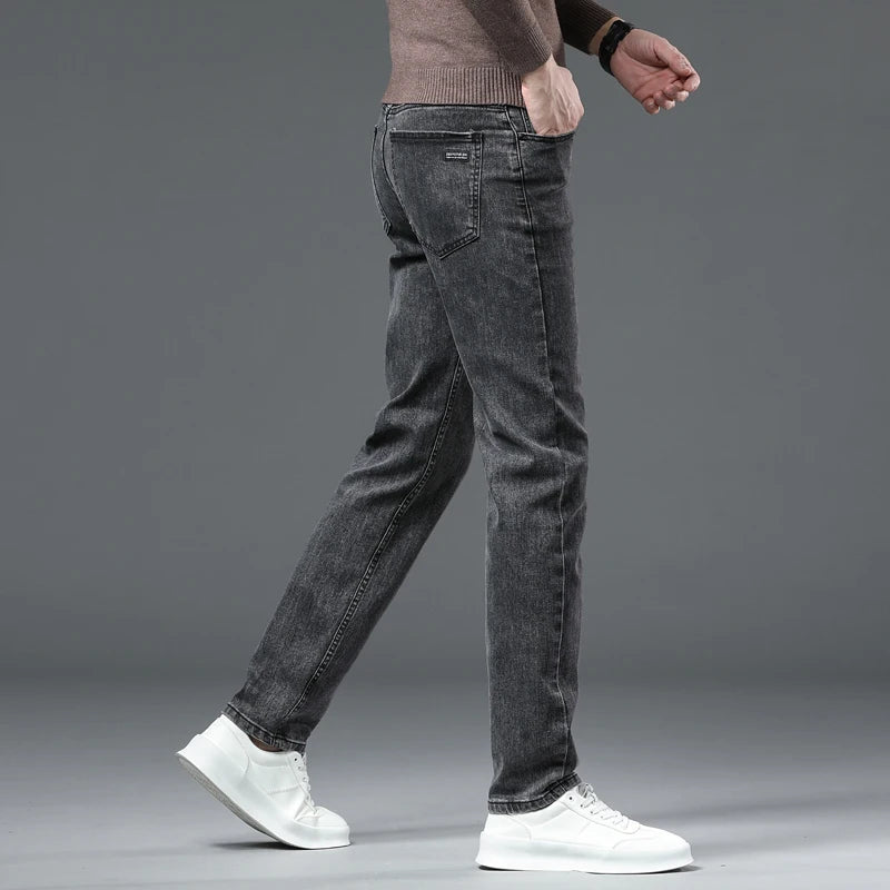 Men's Slim Jeans Korean Fashion Autumn Stretch Straight Casual Denim Trousers Classic Comfortable Work Male Pants Black Gray