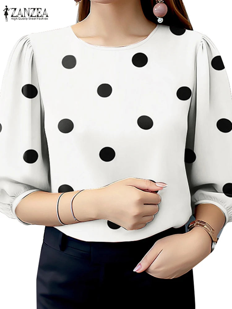 2025 Summer Polka Dots Printed Blouse ZANZEA Elegant Women Shirt Casual O-Neck 3/4 Sleeve Holiday Tops Fashion OL Work Blusas